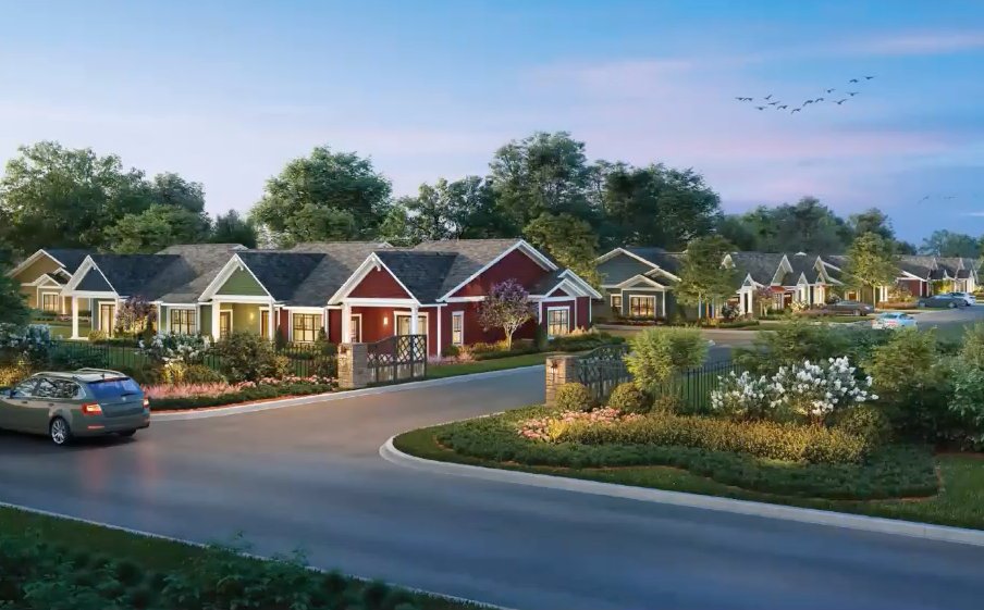 A rendering of the senior housing community that could be coming to Hawthorne Avenue in East Islip. The single-story cottage units will be just under 1,100 square feet and will have a “craftsman-style” exterior.